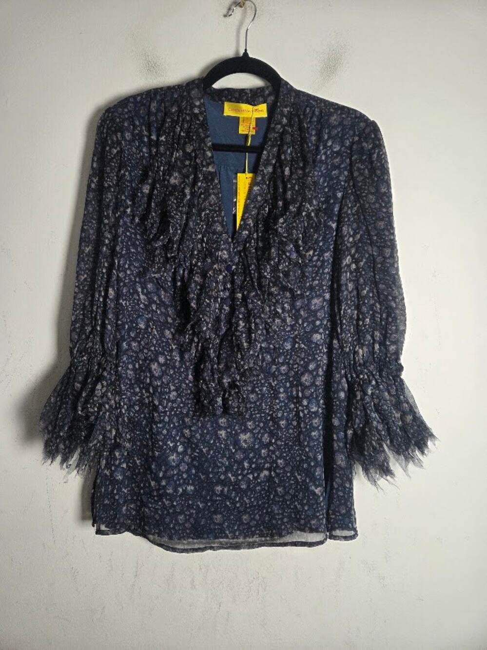 NWT Catherine Malandrino Navy Blue Cream Floral 100% Silk Ruffle V Neck Blouse 8
